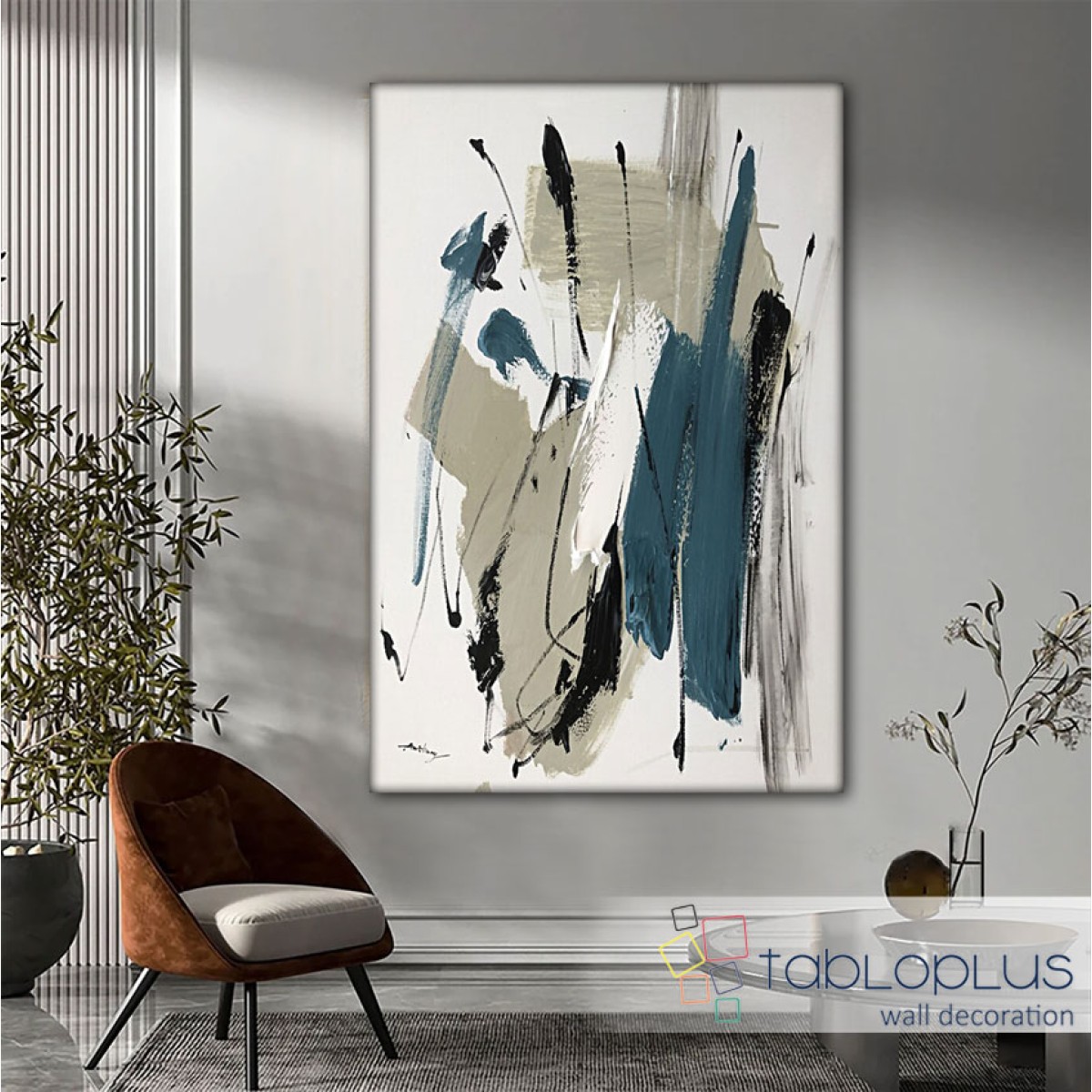 Petrol Blue Grey Abstract Textured Partial Oil Painting